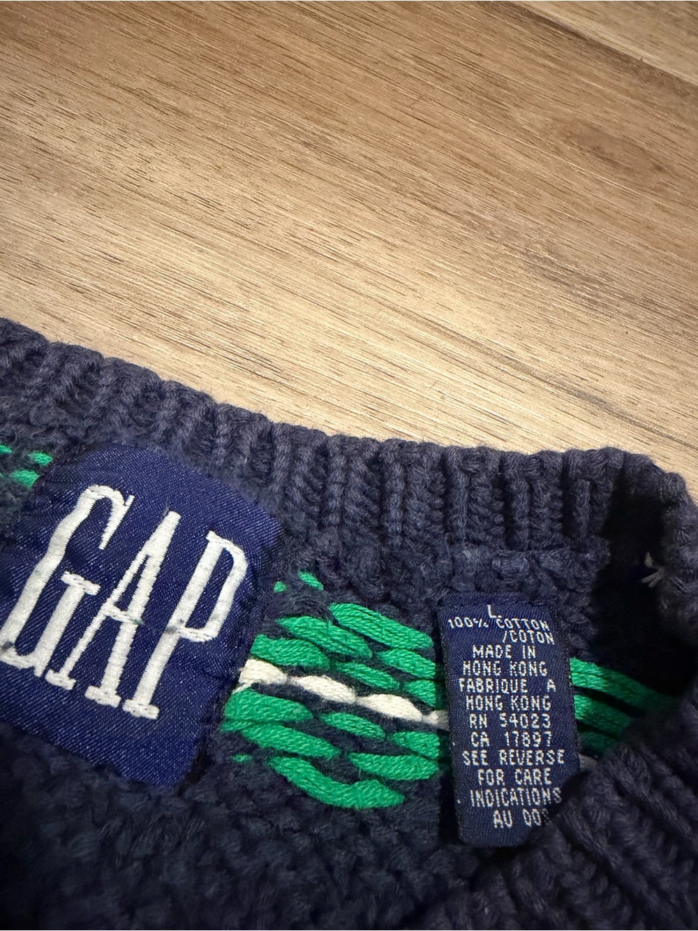 Vtg GAP Fair Isle Chunky Knit Sweater Men's L Blue Green 100% Cotton Crewneck - Picture 5 of 8